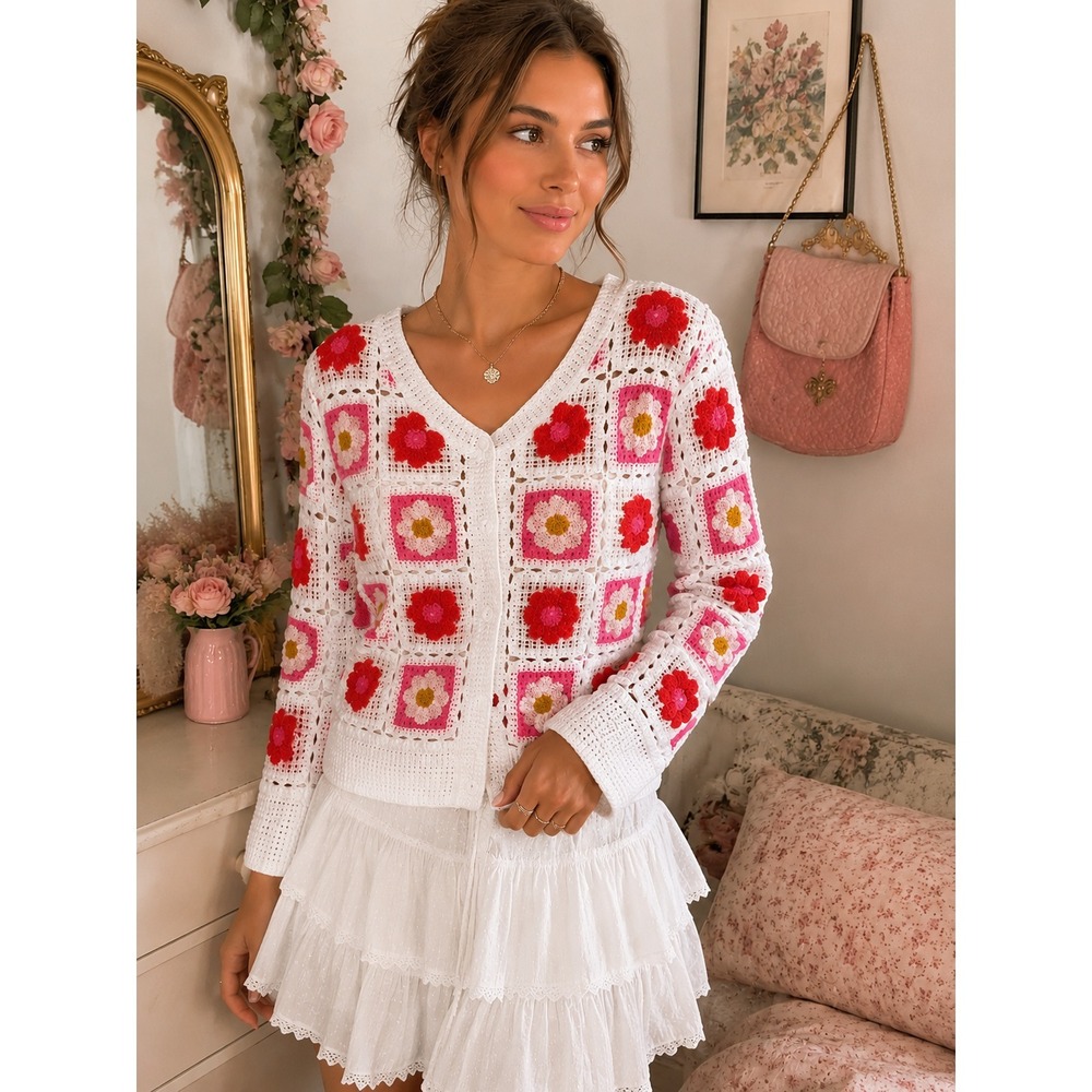 Boho Crochet Granny Square Cardigan Festival Bonnie Pink Floral Boho Dainty Chic